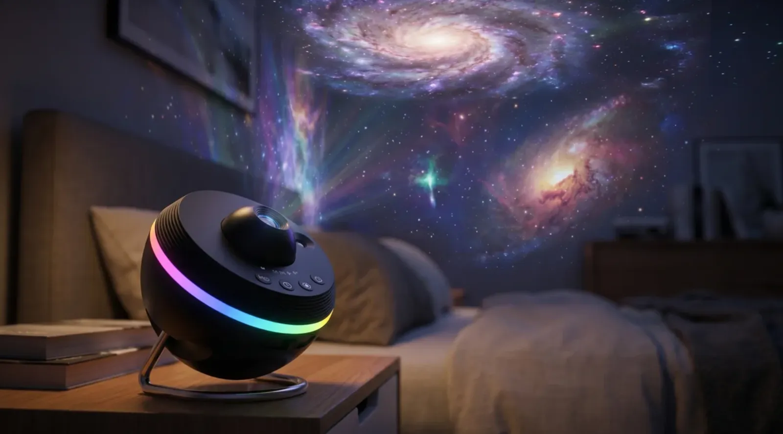 Galaxy projector lighting up a bedroom ceiling